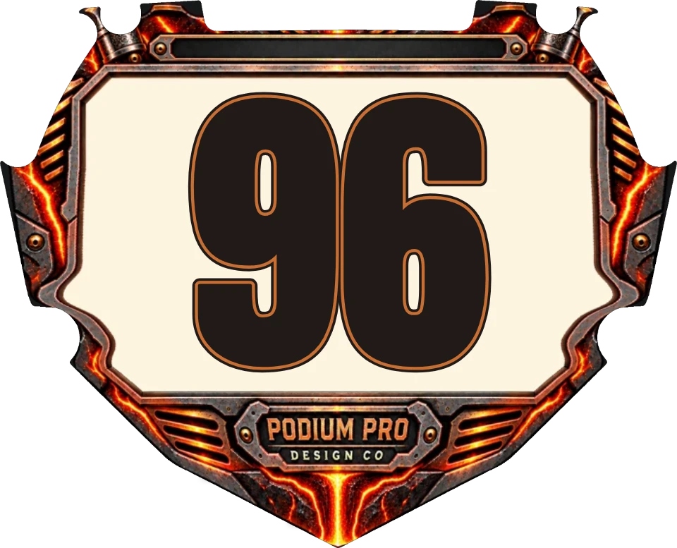 Plate rendered by the Podium Pro plate maker, illustrated Magma Foundry design with number 96
