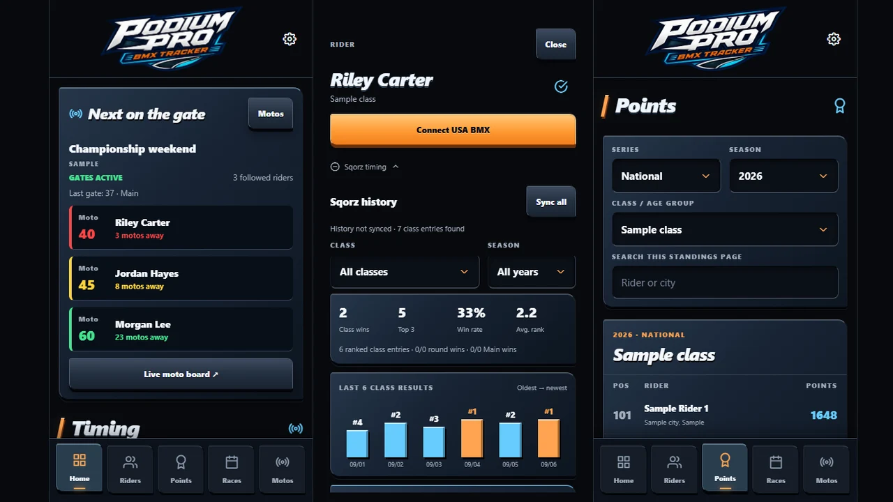 Real BMX Tracker Home, rider details and Points screens with sample data